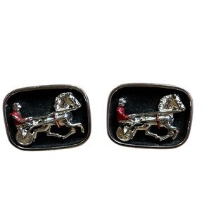 Vintage SWANK Harness Racing Silver On Black Cuff Links Signed